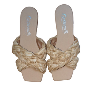 ​NWT L'INTERVALLE Tan Raffia Braided Slides - Square Toe Sandals - Size 38
